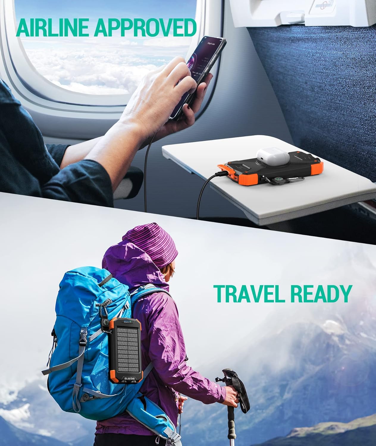 BLAVOR Solar Charger Power Bank 10,000mAh, Portable Wireless Charger, 20W Fast Charging External Battery Pack with USB C for Cell Phones, Solar Panel Charger with Dual Flashlight for Camping - Image 8