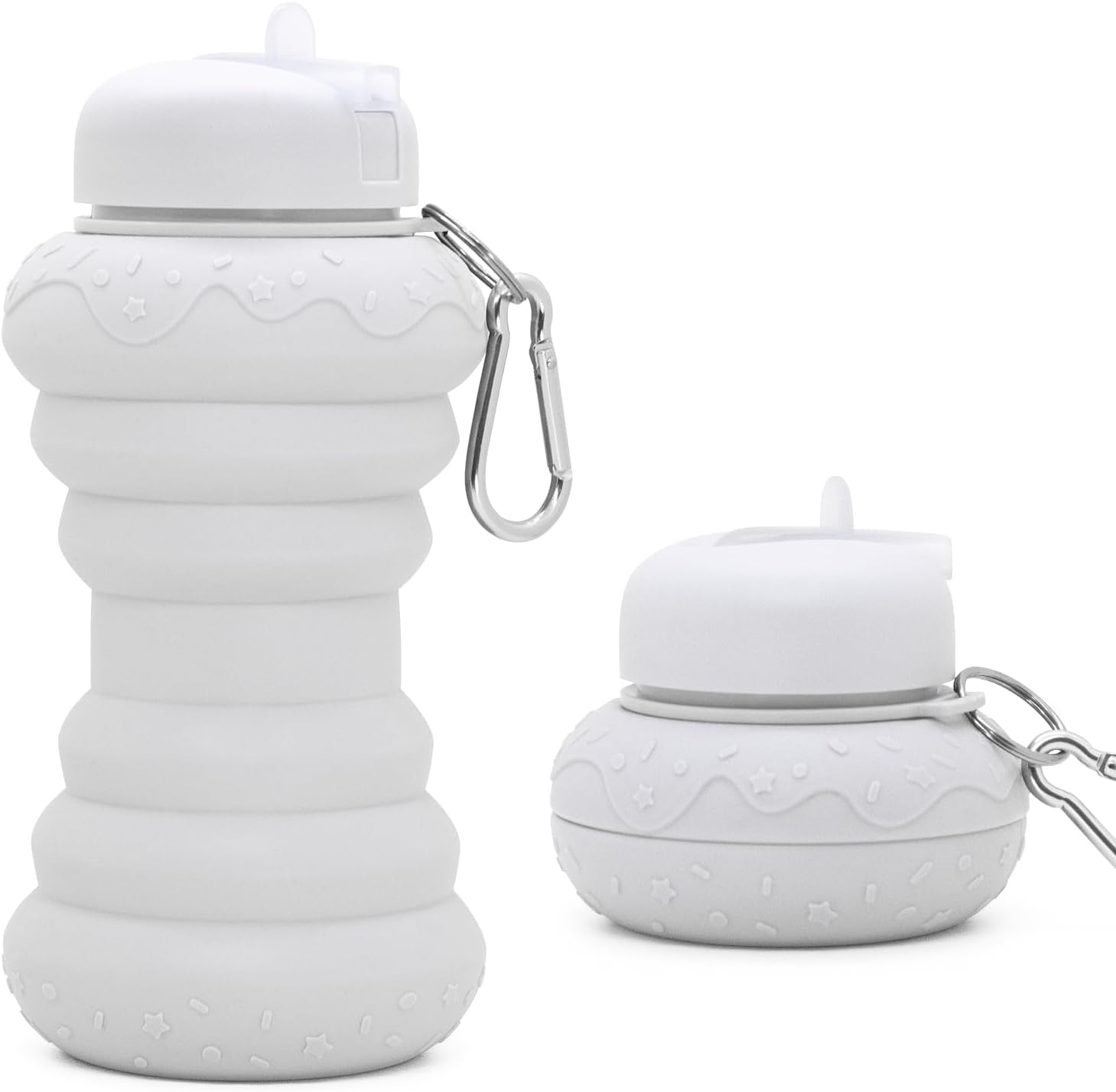 Collapsible Water Bottle Reusable Water Bottle For Outdoors & Indoors Leak-Proof and Shatter-Proof, BPA Free, Safe, Non-Toxic, Durable Silicone Doughnut Style 20oz White Sports Water Bottle