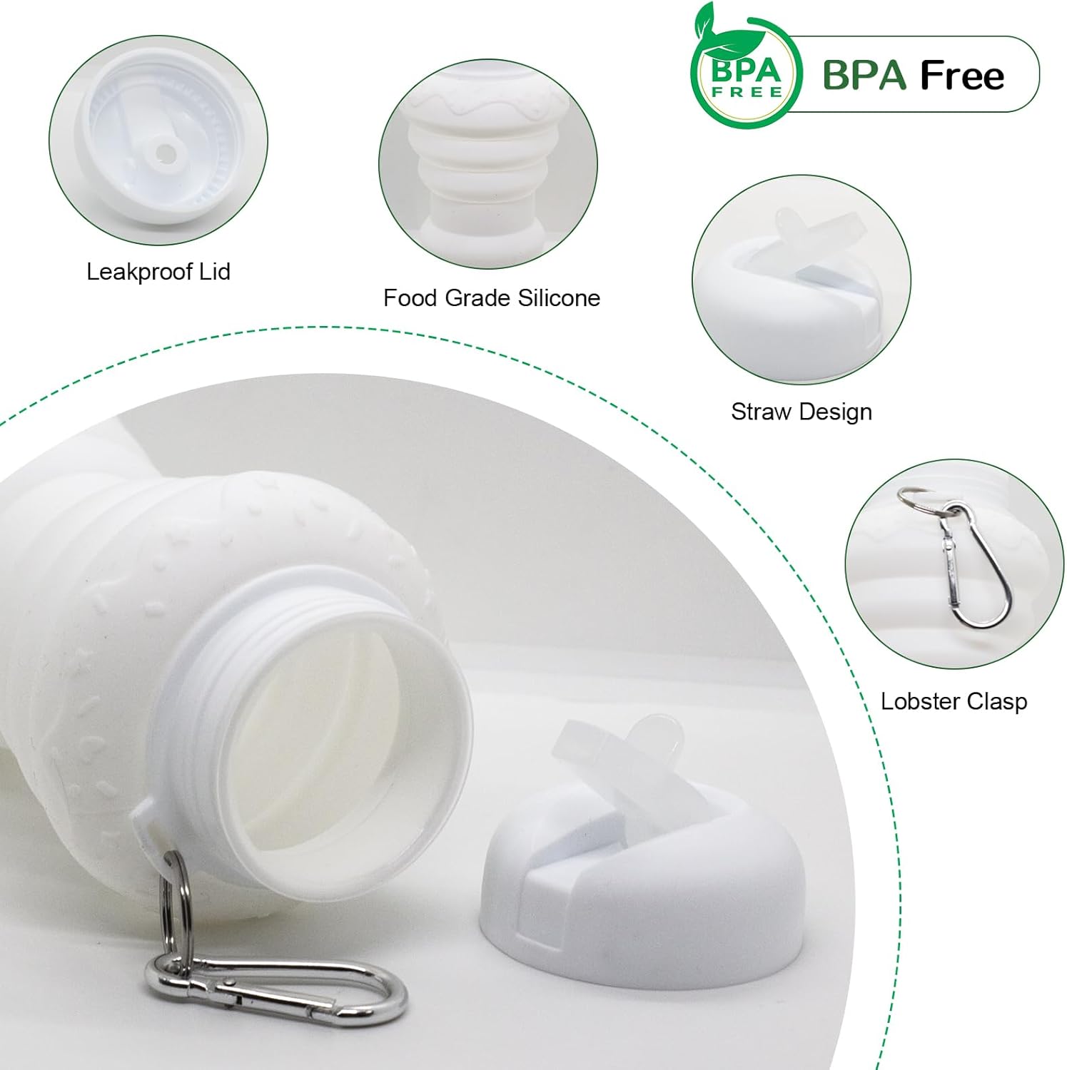 Collapsible Water Bottle Reusable Water Bottle For Outdoors & Indoors Leak-Proof and Shatter-Proof, BPA Free, Safe, Non-Toxic, Durable Silicone Doughnut Style 20oz White Sports Water Bottle - Image 2