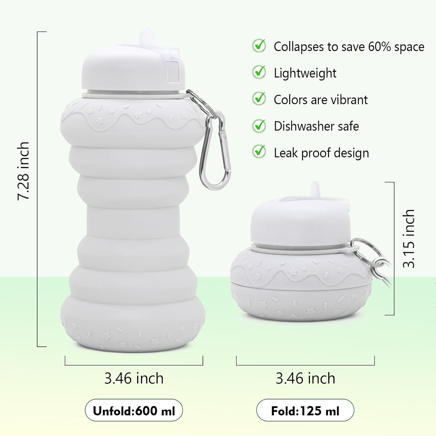 Collapsible Water Bottle Reusable Water Bottle For Outdoors & Indoors Leak-Proof and Shatter-Proof, BPA Free, Safe, Non-Toxic, Durable Silicone Doughnut Style 20oz White Sports Water Bottle - Image 3