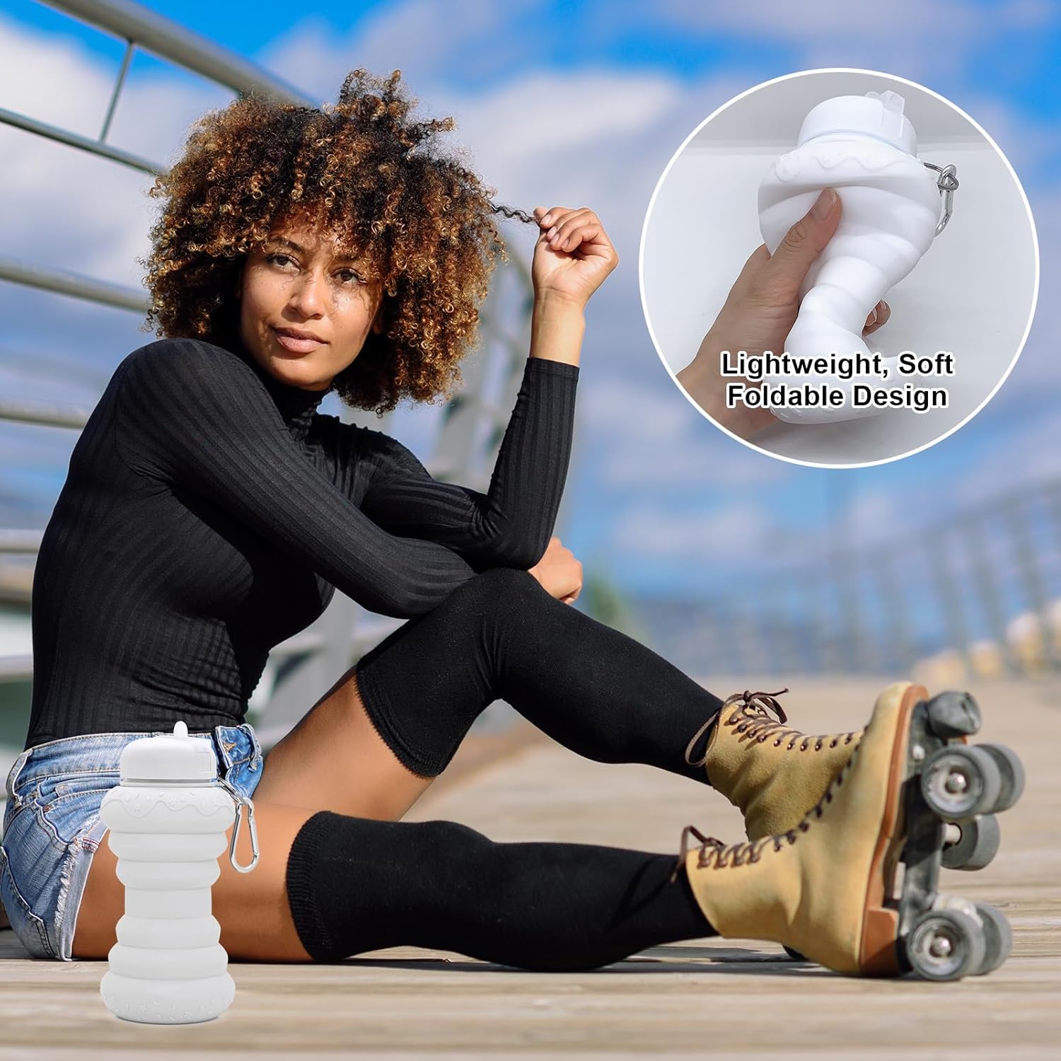 Collapsible Water Bottle Reusable Water Bottle For Outdoors & Indoors Leak-Proof and Shatter-Proof, BPA Free, Safe, Non-Toxic, Durable Silicone Doughnut Style 20oz White Sports Water Bottle - Image 4