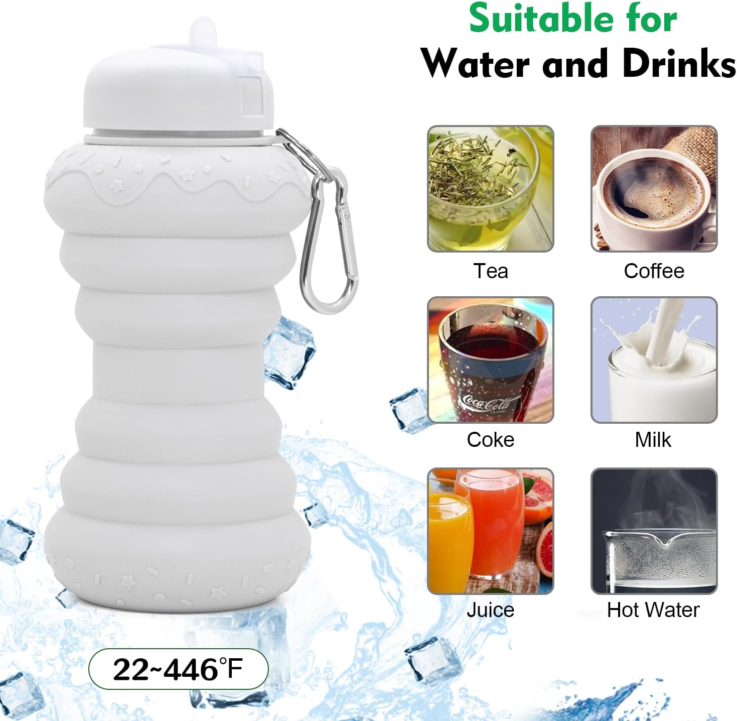 Collapsible Water Bottle Reusable Water Bottle For Outdoors & Indoors Leak-Proof and Shatter-Proof, BPA Free, Safe, Non-Toxic, Durable Silicone Doughnut Style 20oz White Sports Water Bottle - Image 5