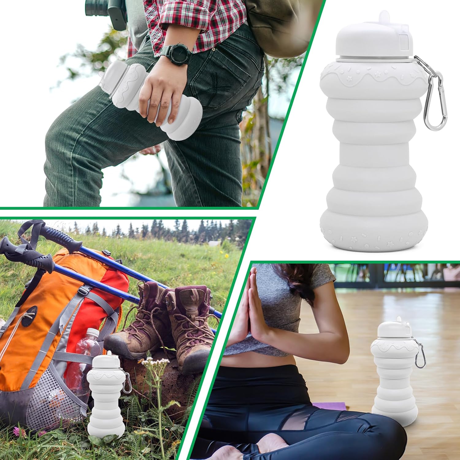 Collapsible Water Bottle Reusable Water Bottle For Outdoors & Indoors Leak-Proof and Shatter-Proof, BPA Free, Safe, Non-Toxic, Durable Silicone Doughnut Style 20oz White Sports Water Bottle - Image 6