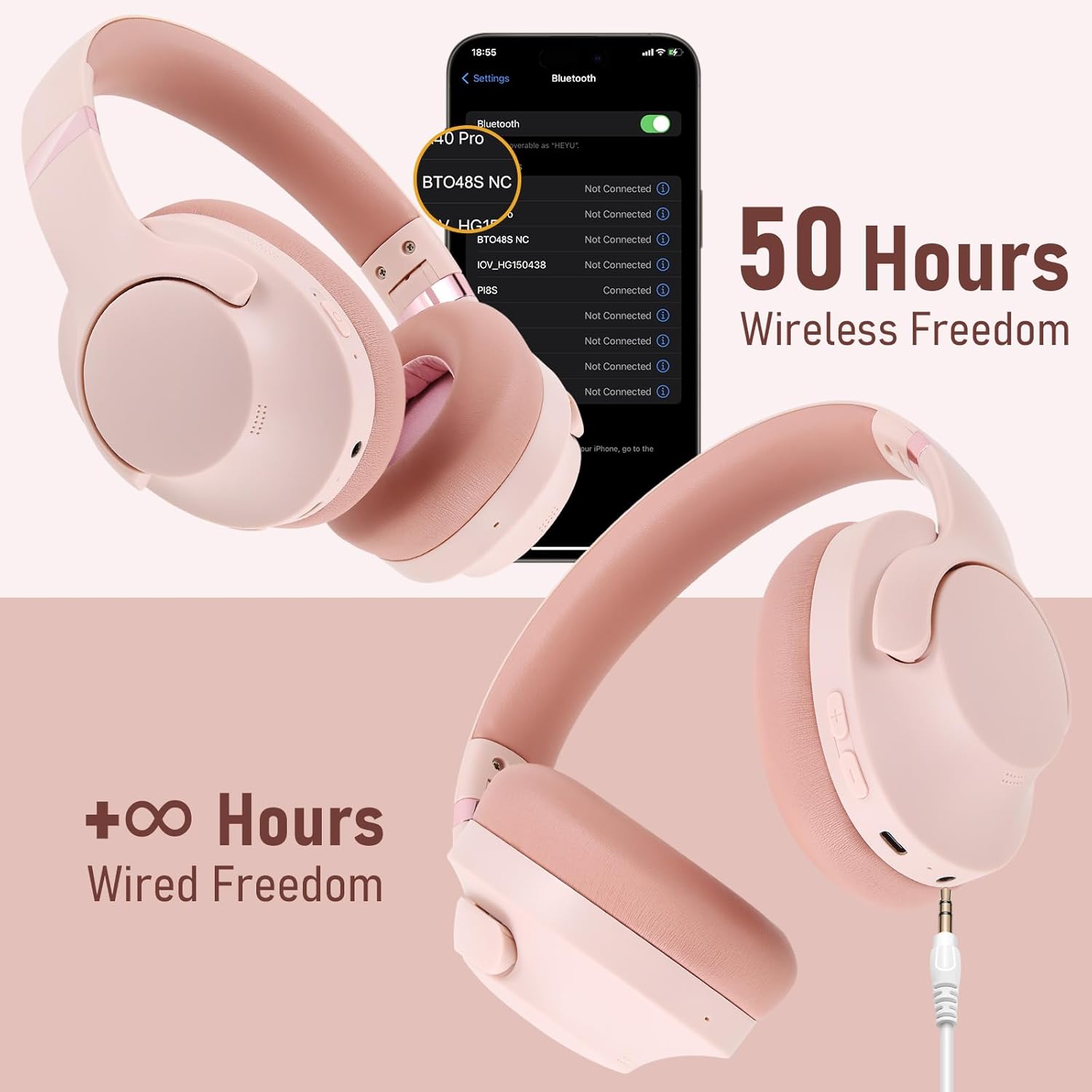 Noise Cancelling Headphones Wireless Over Ear, 50 Hours Playtime, Bluetooth 5.4 Headphones, Music & Gaming Headphone with Microphone, HiFi Stereo, Deep Bass, Soft Earpads for Cellphone/PC - Image 6